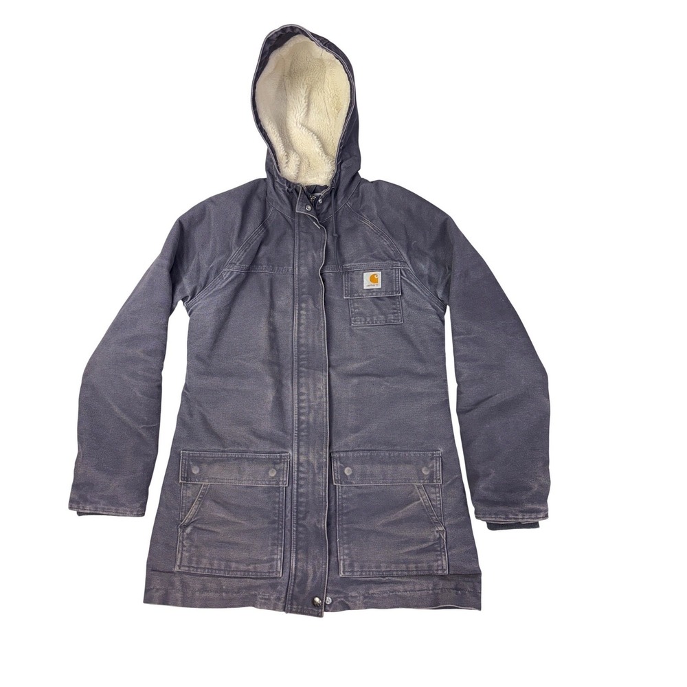 Carhartt Womens S 4/6 Sherpa Lined Canvas Hooded Parka Jacket Faded Blue 100048
